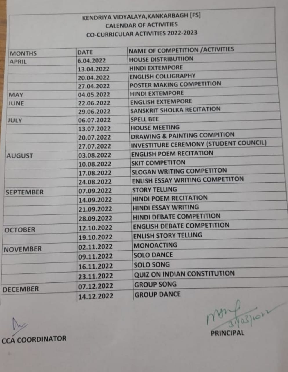 CCA CALENDAR OF ACTIVITIES 202223 KV Kankarbagh Library 1st shift